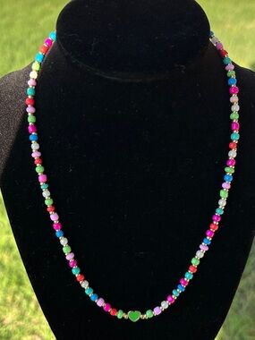 Handmade Multicolor Beaded Necklace with Green Heart Accent